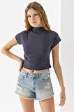 Kadın Dik Yaka Pamuklu Basic T-Shirt Füme - 25872
