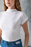 Kadın Dik Yaka Pamuklu Basic T-Shirt Beyaz - 25872