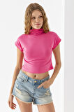 Kadın Dik Yaka Pamuklu Basic T-Shirt Pembe - 25872