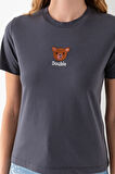 Kadın Bisiklet Yaka Ayıcık Nakışlı %100 Pamuklu T-Shirt Antrasit - 25786
