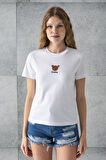 Kadın Bisiklet Yaka Ayıcık Nakışlı %100 Pamuklu T-Shirt Beyaz - 25786