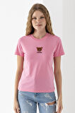 Kadın Bisiklet Yaka Ayıcık Nakışlı %100 Pamuklu T-Shirt Pembe - 25786
