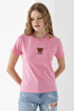 Kadın Bisiklet Yaka Ayıcık Nakışlı %100 Pamuklu T-Shirt Pembe - 25786