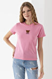 Kadın Bisiklet Yaka Ayıcık Nakışlı %100 Pamuklu T-Shirt Pembe - 25786
