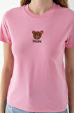 Kadın Bisiklet Yaka Ayıcık Nakışlı %100 Pamuklu T-Shirt Pembe - 25786