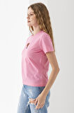 Kadın Bisiklet Yaka Ayıcık Nakışlı %100 Pamuklu T-Shirt Pembe - 25786