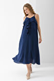 Kadın İp Askılı Önü Fırfırlı Astarlı Elbise Lacivert - 3004