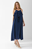 Kadın İp Askılı Önü Fırfırlı Astarlı Elbise Lacivert - 3004