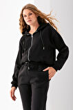 Kadın Fermuarlı Sweatshirt Siyah Şardonlu Oversize Kapüşonlu Hoodie - 9015 - 264401