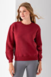 Kadın Bisiklet Yaka Kol Parçalı 3İp Şardonlu Sweatshirt Bordo - 2513