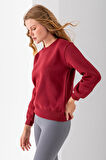 Kadın Bisiklet Yaka Kol Parçalı 3İp Şardonlu Sweatshirt Bordo - 2513