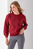 Kadın Bisiklet Yaka Kol Parçalı 3İp Şardonlu Sweatshirt Bordo - 2513