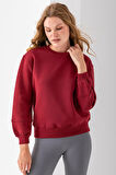 Kadın Bisiklet Yaka Kol Parçalı 3İp Şardonlu Sweatshirt Bordo - 2513