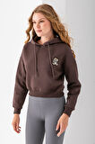 Kadın Kapüşonlu Ayıcık Nakışlı 3İp Crop Sweatshirt Kahverengi - 2668