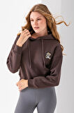Kadın Kapüşonlu Ayıcık Nakışlı 3İp Crop Sweatshirt Kahverengi - 2668