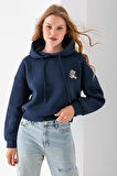 Kadın Kapüşonlu Ayıcık Nakışlı 3İp Crop Sweatshirt Lacivert - 2668