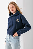 Kadın Kapüşonlu Ayıcık Nakışlı 3İp Crop Sweatshirt Lacivert - 2668