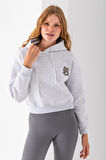 Kadın Kapüşonlu Ayıcık Nakışlı 3İp Crop Sweatshirt Gri - 2668