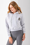 Kadın Kapüşonlu Ayıcık Nakışlı 3İp Crop Sweatshirt Gri - 2668