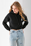 Kadın Kapüşonlu Ayıcık Nakışlı 3İp Crop Sweatshirt Siyah - 2668
