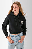 Kadın Kapüşonlu Ayıcık Nakışlı 3İp Crop Sweatshirt Siyah - 2668