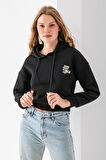 Kadın Kapüşonlu Ayıcık Nakışlı 3İp Crop Sweatshirt Siyah - 2668