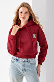 Kadın Kapüşonlu Ayıcık Nakışlı 3İp Crop Sweatshirt Bordo - 2668