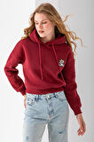 Kadın Kapüşonlu Ayıcık Nakışlı 3İp Crop Sweatshirt Bordo - 2668