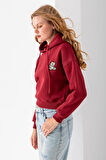 Kadın Kapüşonlu Ayıcık Nakışlı 3İp Crop Sweatshirt Bordo - 2668