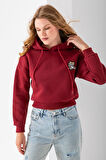 Kadın Kapüşonlu Ayıcık Nakışlı 3İp Crop Sweatshirt Bordo - 2668