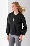 Kadın Bisiklet Yaka Çantalı Ayıcık Nakışlı 3İp Sweatshirt Siyah - 2626