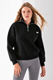 Kadın Dik Yaka Yarım Fermuarlı Kelebek Aksesuarlı 3İp Şardonlu Sweatshirt Siyah - 2663