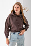 Kadın Kapüşonlu Fashion Aksesuarlı 3İp Crop Sweatshirt Kahverengi - 2667