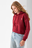 Kadın Kapüşonlu Fashion Aksesuarlı 3İp Crop Sweatshirt Bordo - 2667