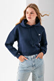 Kadın Kapüşonlu Fashion Aksesuarlı 3İp Crop Sweatshirt Lacivert - 2667