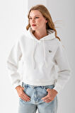 Kadın Kapüşonlu Fashion Aksesuarlı 3İp Crop Sweatshirt Beyaz - 2667