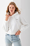 Kadın Kapüşonlu Fashion Aksesuarlı 3İp Crop Sweatshirt Beyaz - 2667