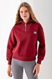 Kadın Yarım Fermuarlı Taşlı Kalp Nakışlı 3İp Sweatshirt Bordo - 2665