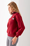 Kadın Yarım Fermuarlı Taşlı Kalp Nakışlı 3İp Sweatshirt Bordo - 2665