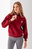 Kadın Yarım Fermuarlı Taşlı Kalp Nakışlı 3İp Sweatshirt Bordo - 2665