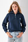 Kadın Yarım Fermuarlı Taşlı Kalp Nakışlı 3İp Sweatshirt Lacivert - 2665