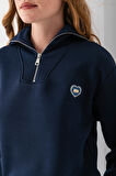 Kadın Yarım Fermuarlı Taşlı Kalp Nakışlı 3İp Sweatshirt Lacivert - 2665