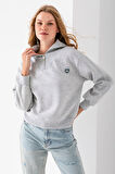 Kadın Yarım Fermuarlı Taşlı Kalp Nakışlı 3İp Sweatshirt Gri - 2665