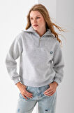 Kadın Yarım Fermuarlı Taşlı Kalp Nakışlı 3İp Sweatshirt Gri - 2665