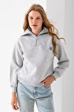 Kadın Yarım Fermuarlı Taşlı Kalp Nakışlı 3İp Sweatshirt Gri - 2665