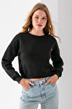 Kadın Bisiklet Yaka Kalp Nakışlı 3İp Crop Sweatshirt Siyah - 2669