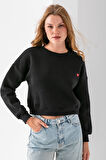 Kadın Bisiklet Yaka Kalp Nakışlı 3İp Crop Sweatshirt Siyah - 2669