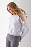 Kadın Bisiklet Yaka Kalp Nakışlı 3İp Crop Sweatshirt Gri - 2669