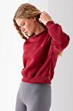 Kadın Bisiklet Yaka Kalp Nakışlı 3İp Crop Sweatshirt Bordo - 2669