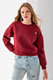 Kadın Bisiklet Yaka Kelebek Aksesuarlı 3İp Crop Sweatshirt Bordo - 2670